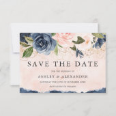 Schöne Elegante Navy Bloral Gold Blush Save The Date (Vorderseite)