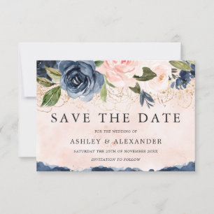 Schöne elegante Navy-Blumen Gold Blush Save The Date