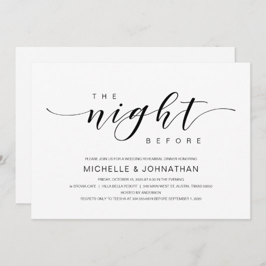 Schöne Eleganz, Schwarze Schrift, Probe Dinner Einladung (Vorne/Hinten)