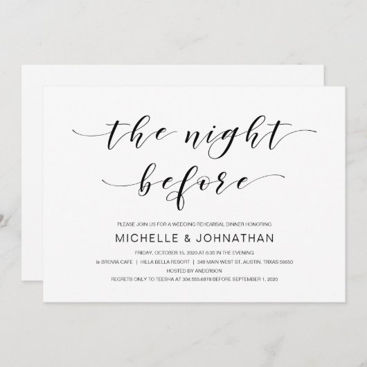 Schöne Eleganz, Schwarze Schrift, Probe Dinner Einladung (Vorne/Hinten)