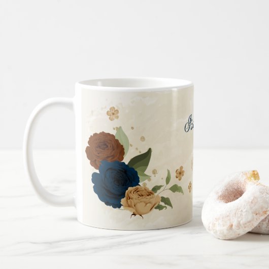 Schöne Erdtöne-Navy-Blumen Kaffeetasse (Mit Donut)