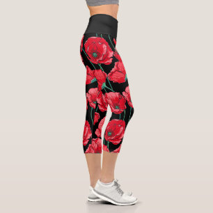 Schöne Erinnerung rotes Mohnmuster Capri Leggings