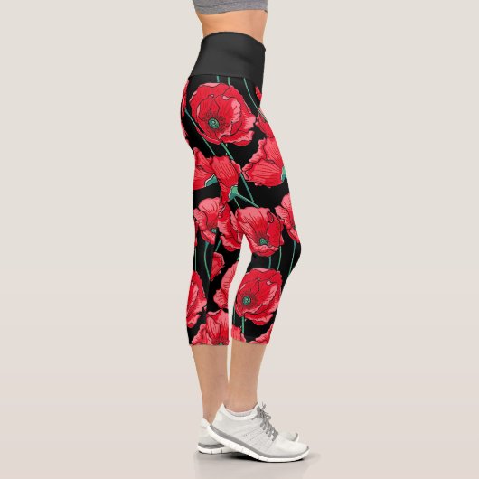 Schöne Erinnerung rotes Mohnmuster Capri Leggings (Rechts)