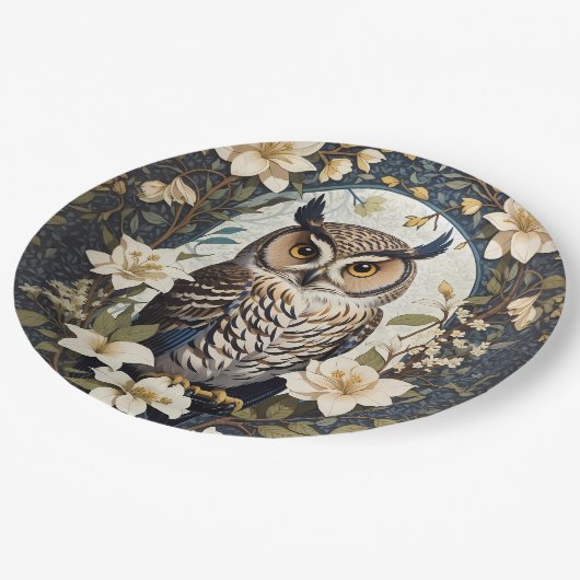 Schöne Eule und Jasmine-Blume Pappteller (Schrägansicht)