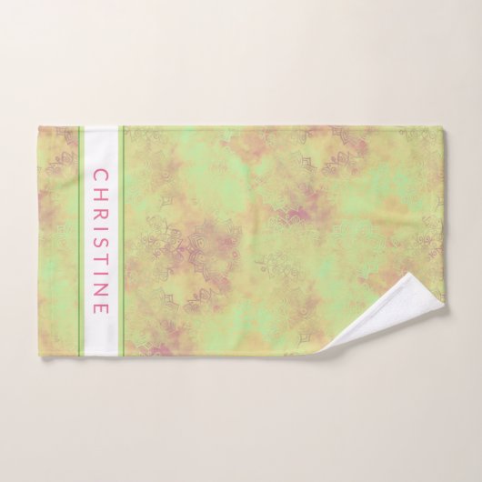 Schöne exotische Blume auf Batik-Grün Custom Badhandtuch Set (Handtuch)