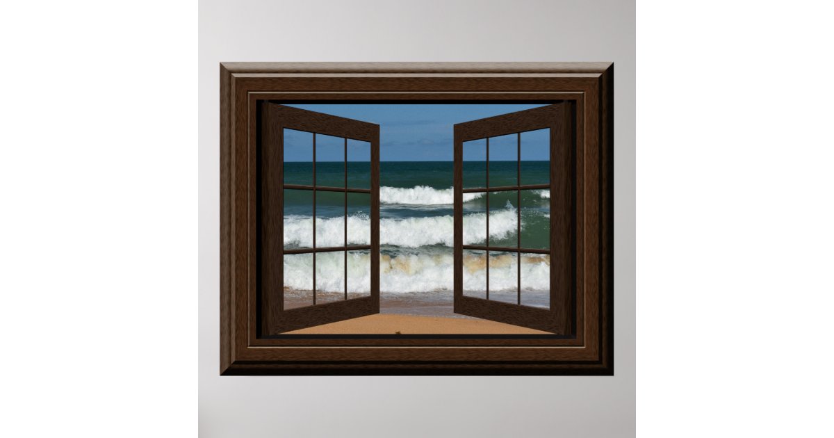 Schöne FakeFensterAnsichtOzeanStrandWellen Poster