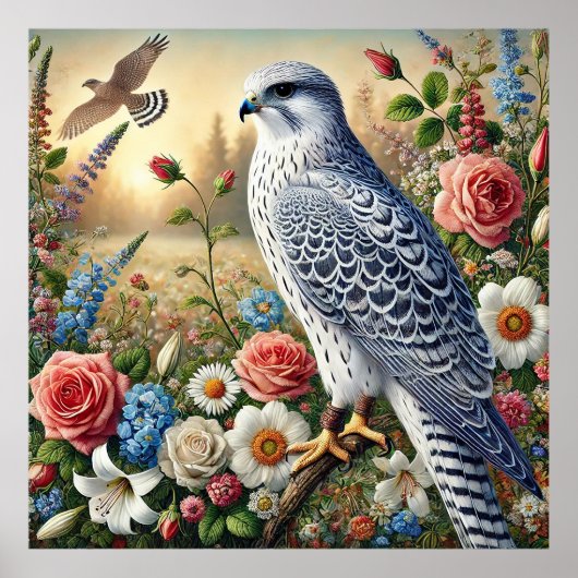 Schöne Falcon Perched Amid Vibrangs Blume Poster (Vorne)