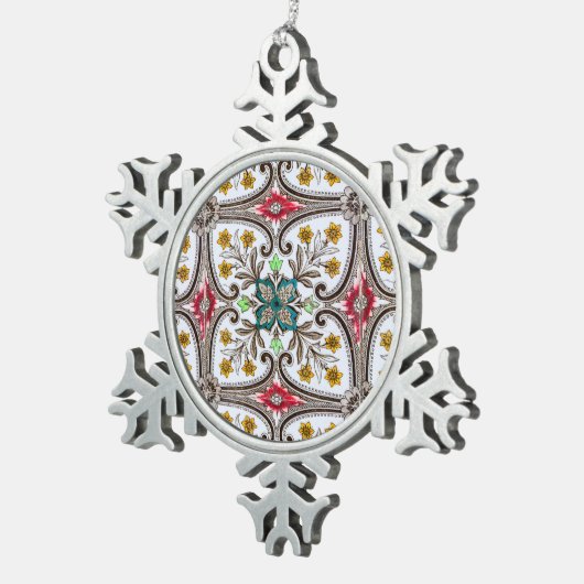 Schöne Familie Weihnachten Peranakan Floral Tile Schneeflocken Zinn-Ornament (Rechts)