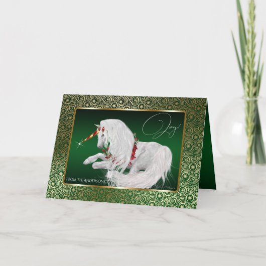 Schöne Fantasy Christmas Unicorn Joy Karte (Vorderseite)