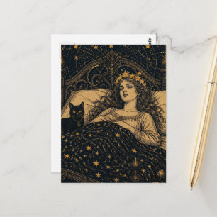 Schöne Fantasy-Königin und ihre schwarze Katze im Postkarte