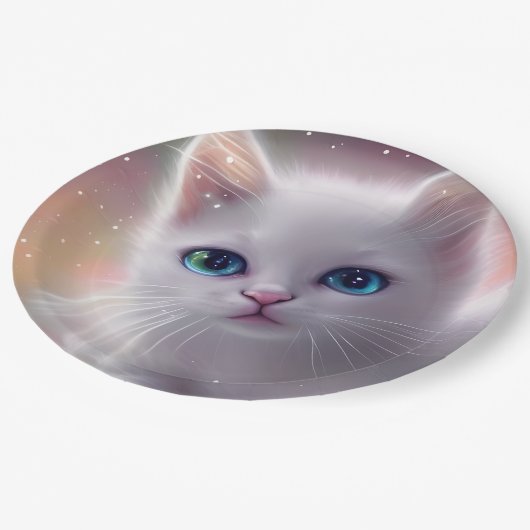 Schöne Fantasy White Fluffy Cat Pappteller (Schrägansicht)