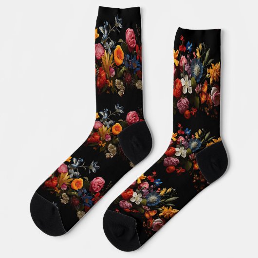 Schöne farbenfrohe Blume auf schwarz Socken (Linkes Detail)