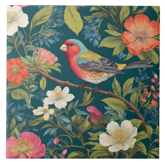 Schöne farbenfrohe Finch Bird Botanisch Fliese (Vorderseite)