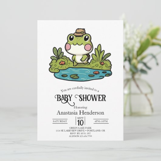 Schöne, farbenfrohe Frog Baby Dusche Einladung (Stehend Vorderseite)