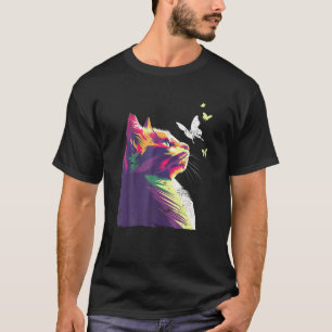 Schöne, farbenfrohe Katze mit Schmetterlingen Lila T-Shirt
