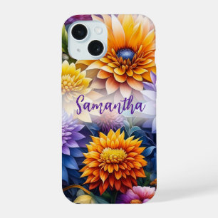Schöne farbenfrohe KI-Kunst Blumen Personalisiert iPhone 15 Hülle