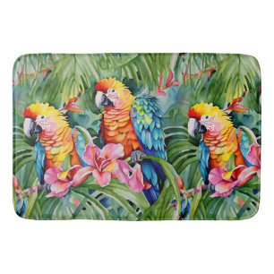 Schöne farbenfrohe Papageien und tropische Blume Badematte