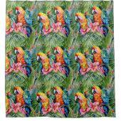Schöne farbenfrohe Papageien und tropische Blume Duschvorhang (Vorderseite)