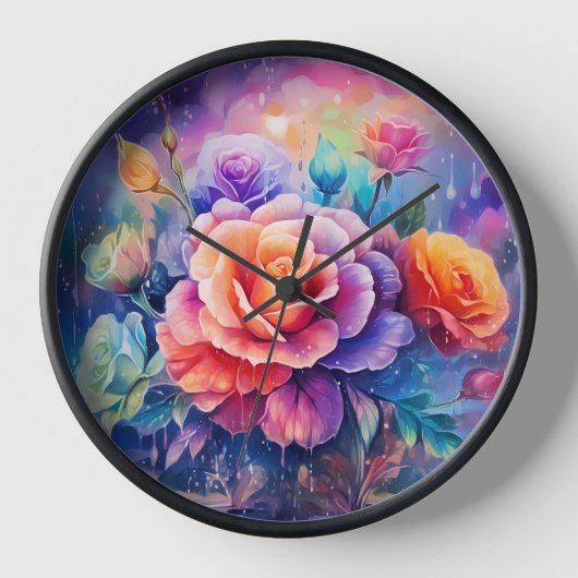 Schöne farbenfrohe Rose Holzrahmen Uhr (Vorderseite)