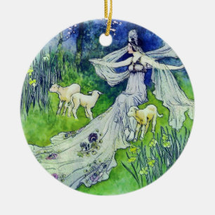 Schöne Fee mit Lämmern, Warwick Goble Art Keramik Ornament
