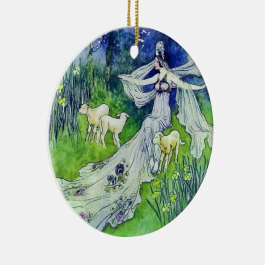 Schöne Fee mit Lämmern, Warwick Goble Kunst Keramik Ornament (Rechts)