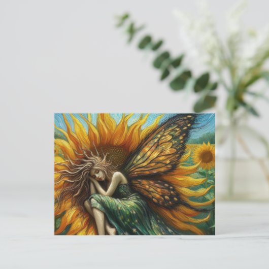Schöne Fee Schlafen in Sonnenblume Postkarte (Stehend Vorderseite)