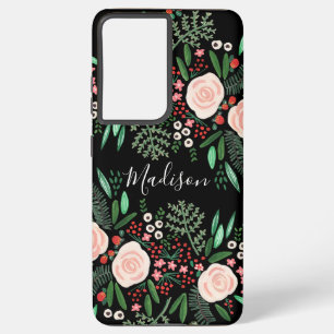 Schöne feminine schwarze botanische Floral-Rosen Samsung Galaxy Hülle