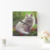 Schöne, flauschig weiße Katze Quadratische Wanduhr (Zuhause)
