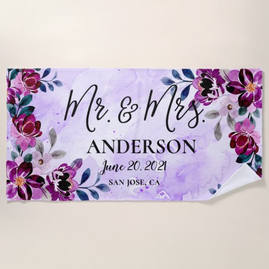 Schöne Floral Mr. & Mrs. Wedding oder Jubiläum Strandtuch (Vorderseite)