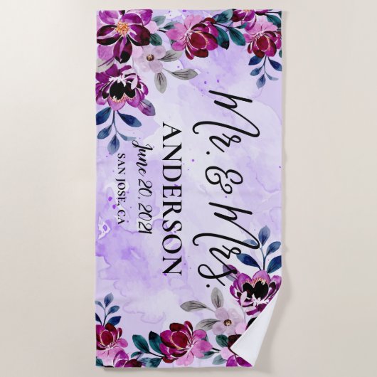 Schöne Floral Mr. & Mrs. Wedding oder Jubiläum Strandtuch (Vorderseite)