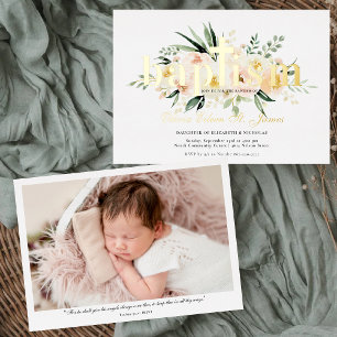 Schöne Floral Rosa & Gold Tauf Foto Folieneinladung