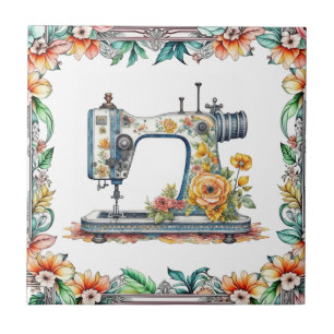 Schöne, florale, antike Nähmaschine und Blumen Fliese