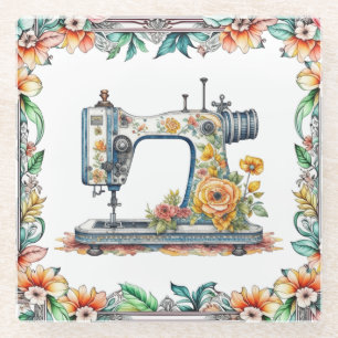 Schöne, florale, antike Nähmaschine und Blumen Glasuntersetzer