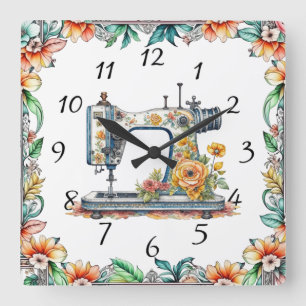 Schöne, florale, antike Nähmaschine und Blumen Quadratische Wanduhr