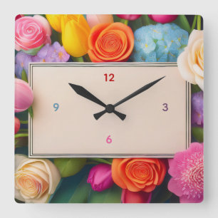 Schöne florale gerahmte Rosen Tulpen Hortensie Quadratische Wanduhr