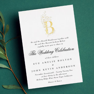 Schöne florale GOLD-Monogramm-Skizze Hochzeit Folieneinladung