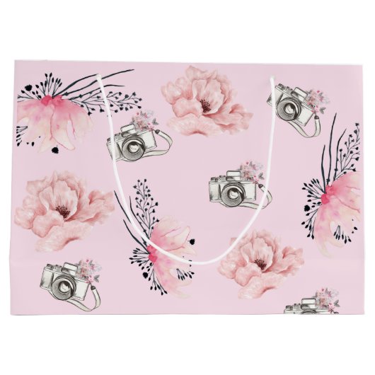 Schöne, florale, hellrosa Kamera Große Geschenktüte (Rückseite)