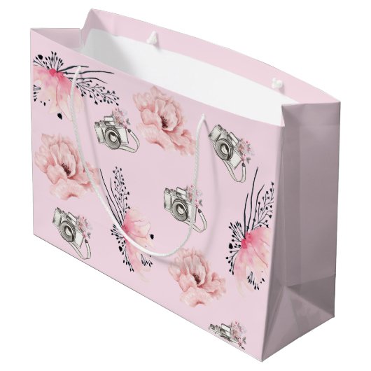 Schöne, florale, hellrosa Kamera Große Geschenktüte (Rückseite Schrägansicht)