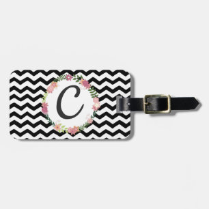 Schöne Florale Schwarz-Weiß-Chevron-Monogramm Gepäckanhänger