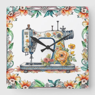 Schöne florale Vintage-Nähmaschine und Blumen Quadratische Wanduhr