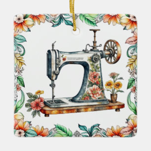 Schöne florale Vintage-Nähmaschine Weihnachten Keramikornament