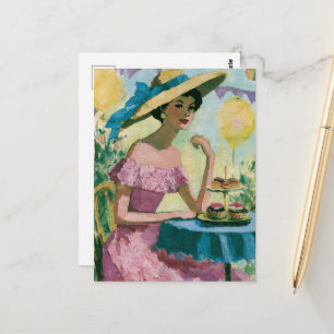 Schöne Frau am Cupcake-Party-Tisch Collage Postkarte