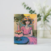 Schöne Frau an der Cupcake-Tisch-Collage Postkarte (Stehend Vorderseite)