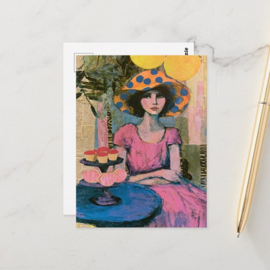 Schöne Frau an der Cupcake-Tisch-Collage Postkarte (Vorderseite/Rückseite Beispiel)