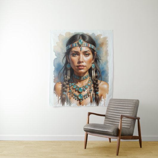 Schöne Frau Boho Indianerin mit Schmuck Wandteppich (Beispiel)
