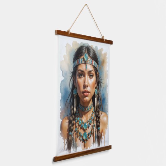 Schöne Frau Boho Indianerin mit Schmuck Wandteppich Mit Holzrahmen (Gewinkelt)