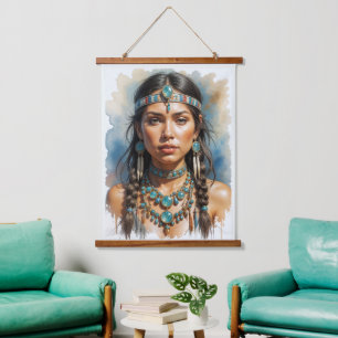 Schöne Frau Boho Indianerin mit Schmuck Wandteppich Mit Holzrahmen