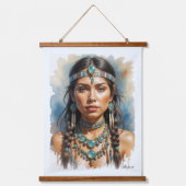 Schöne Frau Boho Native American mit Schmuck Wandteppich Mit Holzrahmen (Vorderseite)