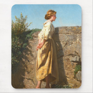 Schöne Frau, die über die Mauer schaut (Vintage) Mousepad