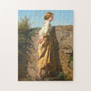 Schöne Frau, die über die Mauer schaut (Vintage) Puzzle
